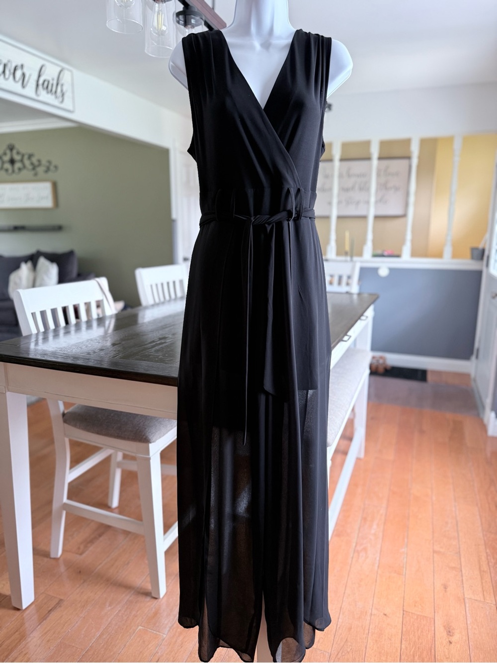 Emma & Michele Black Sleeveless Sheer Wrap Romper Overlay with Self-Tie